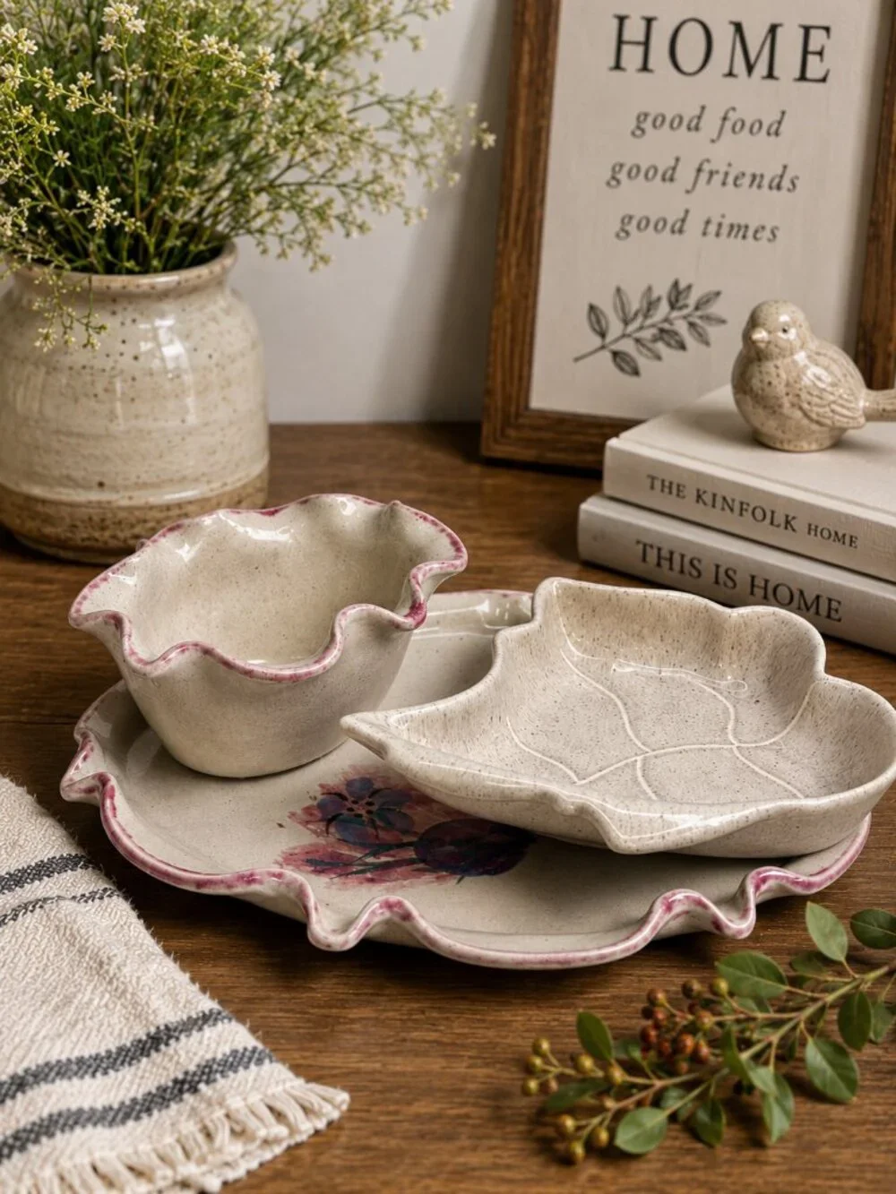 VTG Monique Duclos Signed Studio Pottery 3-Piece Serving Set Leaf Dish Ruffle